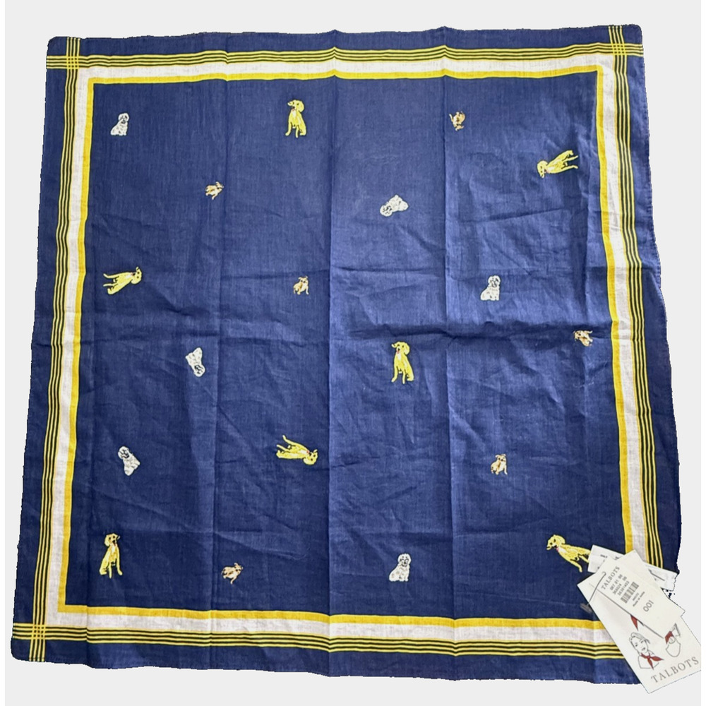 New Talbots Scarf with Dogs, Mix Embroidered and Printed 100% Cotton 20"x20"